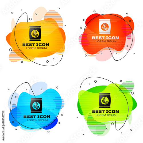 Black Fertilizer bag icon isolated on white background. Set of liquid color abstract geometric shapes. Vector Illustration