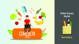 Banner, presentation or poster design for Grocery store, Online Market, Home delivery. Man with laptop and food. Vector illustration in a flat style.