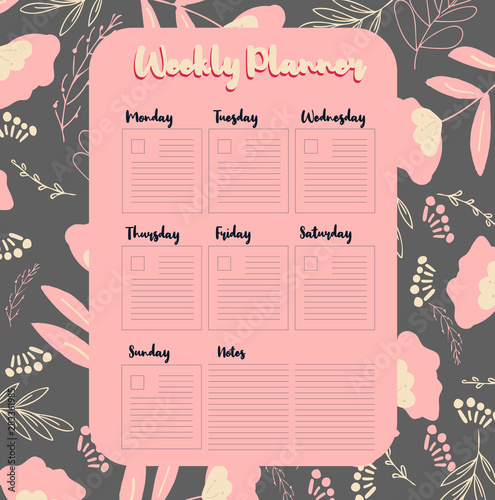 Back to school weekly planner design with flowers and leaves. Girly trendy Bullet Journal. Floral scandinavian background. Personal time management schedule.