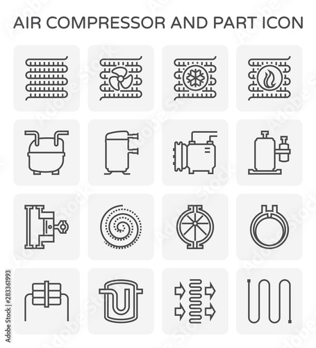 Air compressor or air condenser unit is a part of air conditioning HVAC systems. Vary type of compressor such as reciprocating, scroll, rotary, rotary vane. Including receiver. Vector icon design. photo