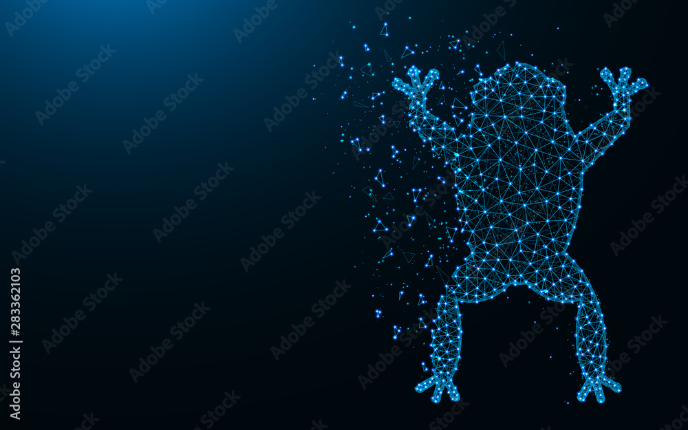 Frog low poly design, Amphibian animal abstract geometric image, Toad wireframe mesh polygonal vector illustration made from points and lines on dark blue background