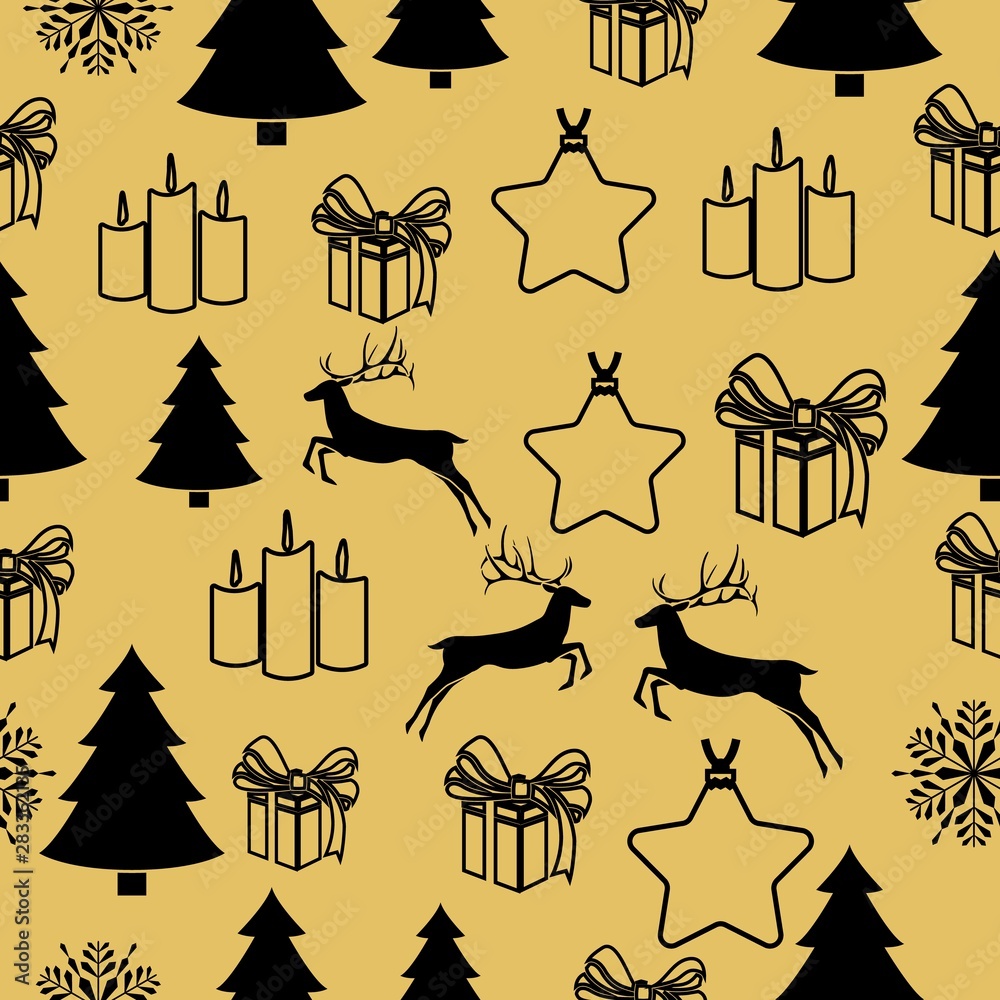 Golden New Year seamless pattern for gift wrapping or cards for the holidays. Easy style in one line, hipster style. Golden New Year seamless pattern for gift wrapping or cards for the holidays. Easy style in one line, hipster style.