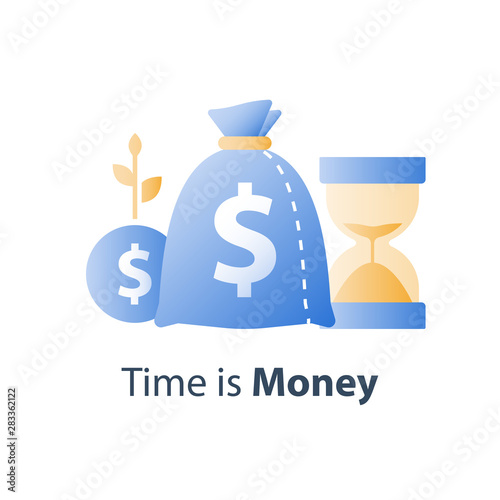 Long term investment strategy, pension savings fund, hourglass and bag, time is money concept, capital growth, asset allocation