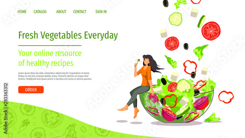 Web page design for fresh vegetables  online food ordering  recipes. Woman sitting on the edge of transparent bowl with fresh vegetable salad. Vector illustration for poster  banner  website.