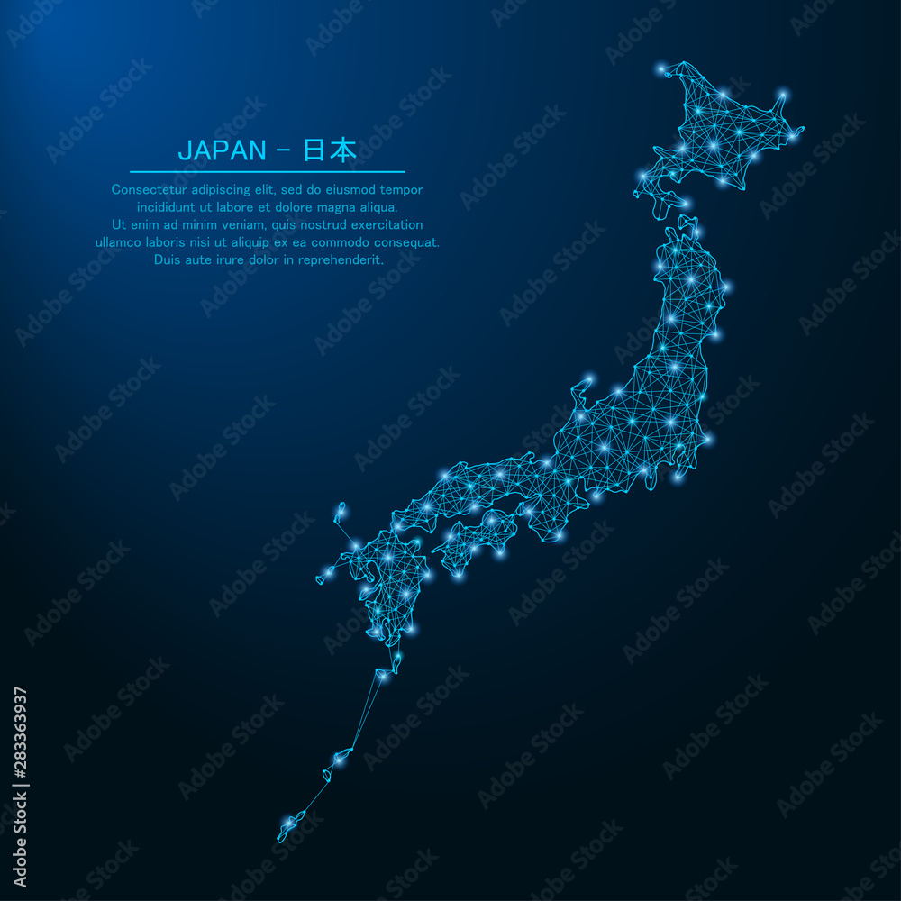Japan map made by points and lines, polygonal wireframe mesh. Low poly