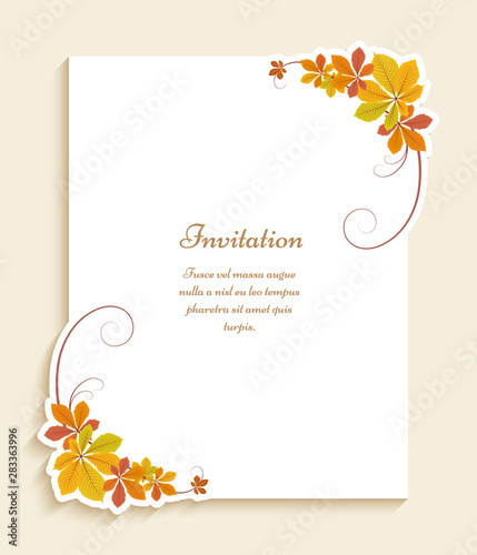 Autumn invitation with corner ornaments of yellow leaves, elegant greeting card template with place for text