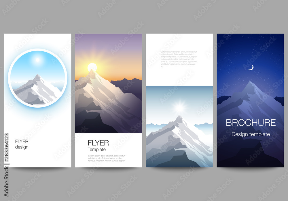 The minimalistic vector illustration of the editable layout of flyer, banner design templates. Mountain illustration, outdoor adventure. Travel concept background. Flat design vector.