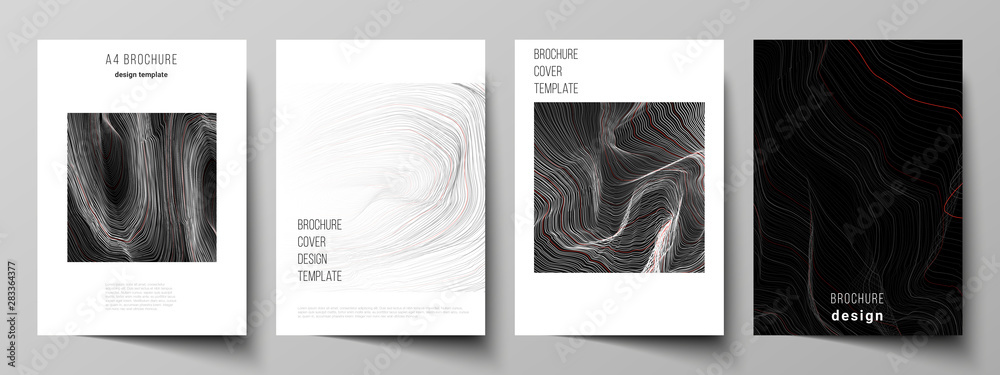 The vector illustration layout of A4 format modern cover mockups design templates for brochure, magazine, flyer, booklet, annual report. 3D grid surface, wavy vector background with ripple effect.