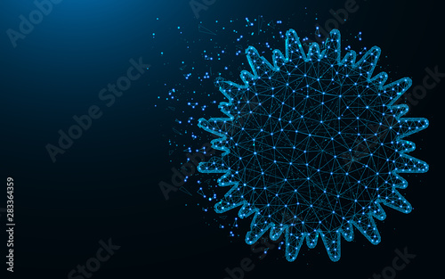 Sun low poly design, Solar symbol abstract geometric image, energy wireframe mesh polygonal vector illustration made from points and lines on dark blue background
