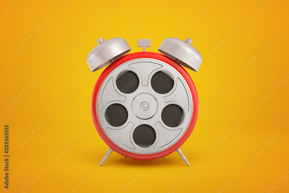3d closeup rendering of red round alarm clock with silvergrey retro