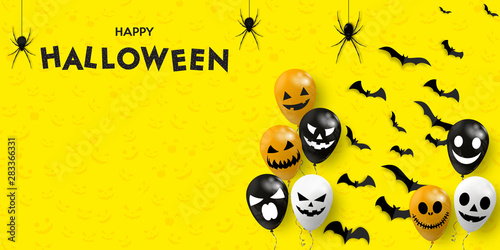 Happy Halloween banner. Scary air balloons with spiders and bats. Spooky banner template.Vector illustration.