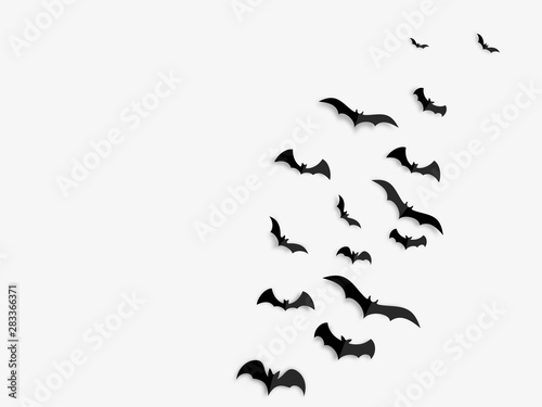 Happy Halloween banner concept. Black paper bats on white background. Vector illustration.