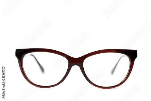 Brown stylish plastic eyeglass frame . Isolated