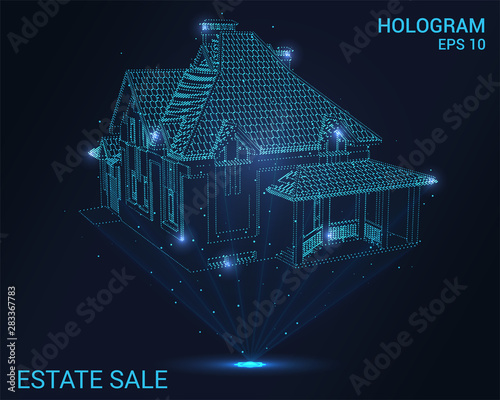 Hologram real estate sale. Holographic projection of the house. Flickering energy flux of particles. Scientific design business.
