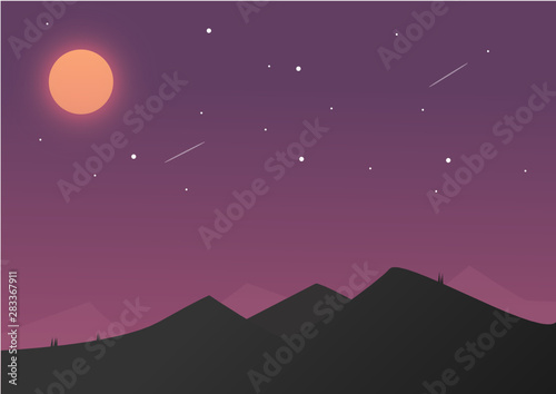 background night landscape with moon and stars