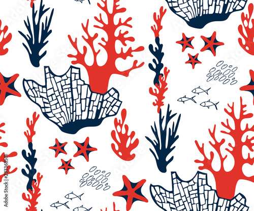 Hand drawn underwater natural ocean elements. Seamless pattern with reef corals. Vector sketch