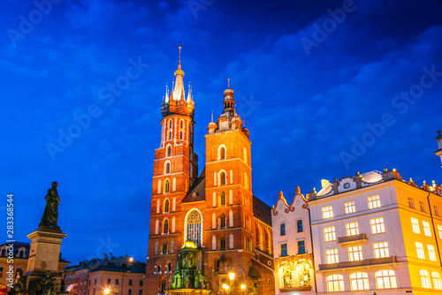 Main Market Square with Saint Mary's Basilica in Krakow, Poland