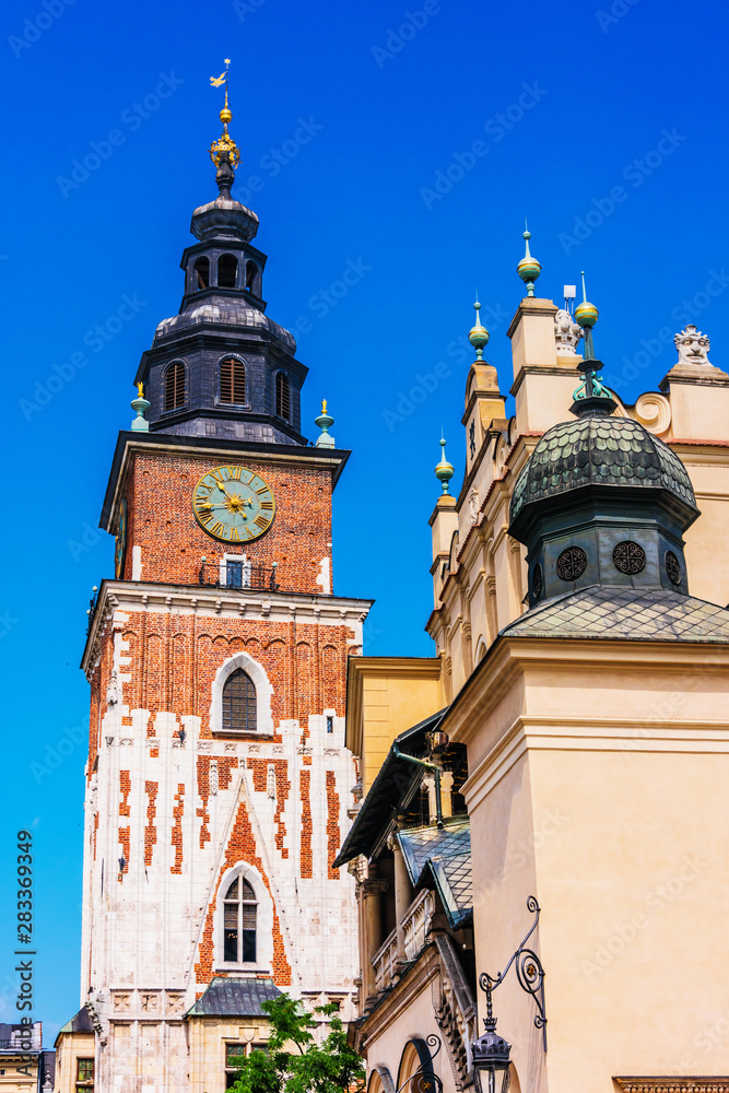 Main Market Square with Town Hall Tower in Krakow, Poland
