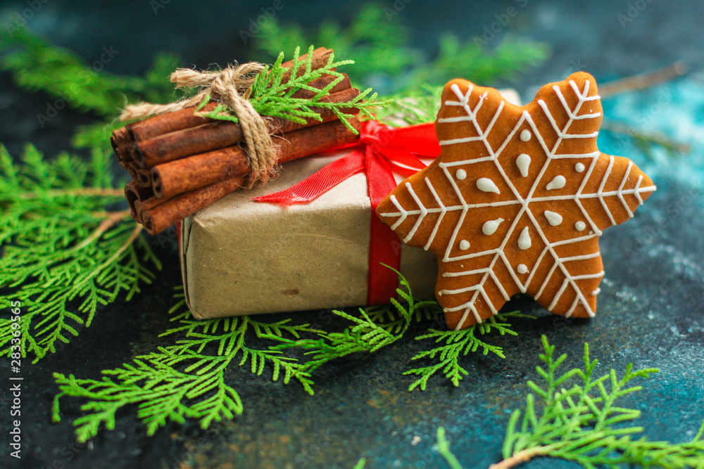gingerbread. gifts and holiday, happy New Year. festive background. food background. top view gingerbread. gifts and holiday, happy New Year. festive background. food background. top view
