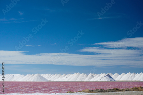 Pink salt flats next to piles of white salt harvested in Bonaire, and island in the Dutch Caribbean under a blue sky photo