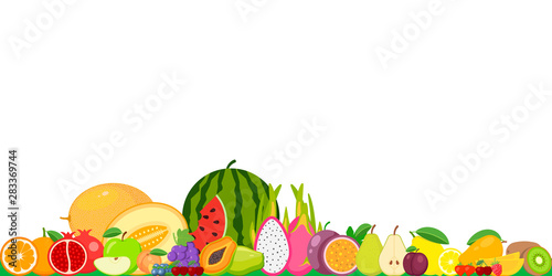 Set of fruits. Watermelon, pineapple, peach, lemon, vegetarian, orange, food, apple, pear, banana cherry strawberry grapes kiwi mango melon plum papaya isolated on background
