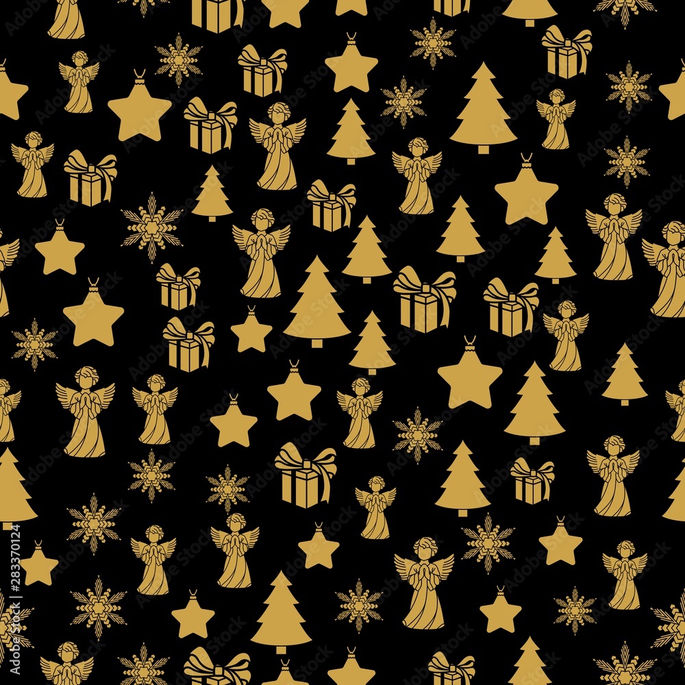 Fototapeta premium Golden New Year seamless pattern for gift wrapping or cards for the holidays. Easy style in one line, hipster style.