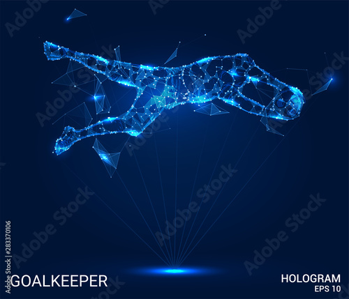 Hologram football. Goalkeeper of polygons, triangles of points and lines. Football is a low poly connection structure. Technology concept.