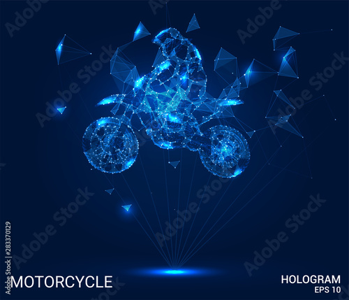 Hologram motorcycle. Motocross of polygons, triangles, points and lines. Motorsport is a low poly connection structure. Technology concept.