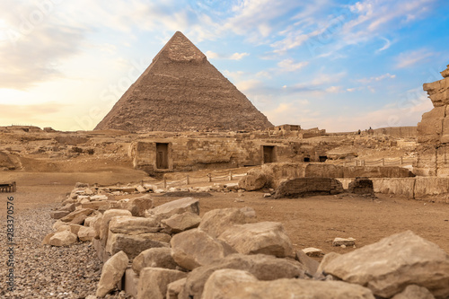 Ruins of ancient Giza and the Pyramid of Chephren  Egypt