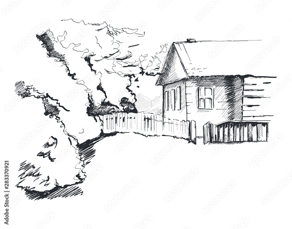 Country house and lawn. Background image. Country house and lawn. Background image.
