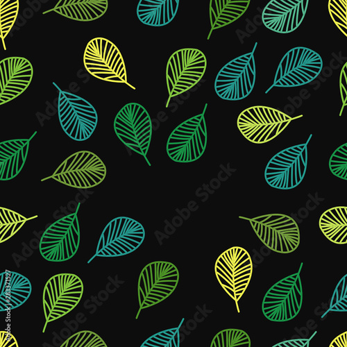 Green freash leaf seamless pattern with white dots on dark background