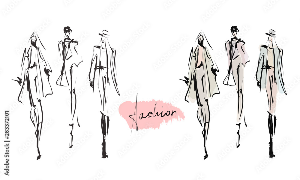 Young stylish girls. Women's fashion set. Hand-drawn illustration. Sketch, vector - obrazy, fototapety, plakaty 