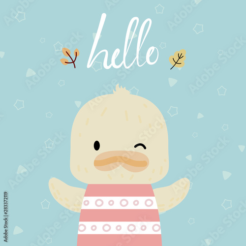cute yellow duck with message hello, blue background, book cover, vector illustration.