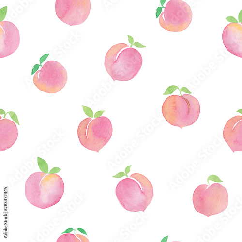 Peach sweet fruits watercolor seamless pattern isolated on white background