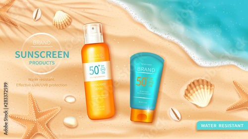 Sunscreen cosmetics on sea or ocean background