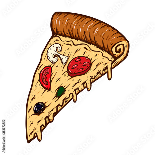 Hand drawn illustration of cut of pizza isolated on white background. Design element for poster, card, banner, t shirt, emblem, sign.