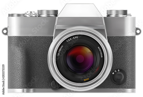 Ultra realistic 3d SLR retro style photo camera. With leather part. Front view isolated on white background. Vector illustration