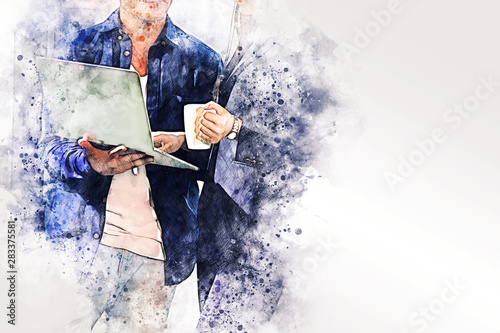 Close-up business person in office concept and building backgroud on watercolor illustration painting background.