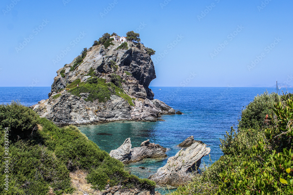 Agios Ioannis mamma mia- seaside of Greek island Skopelos Stock Photo |  Adobe Stock
