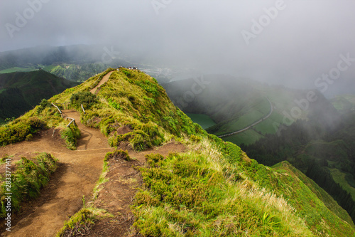 famous view of picturesque Sete Cidadas on a cloudy day, Sao Miguel Island, Azores, Portugal photo