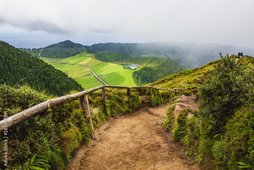 famous view of picturesque Sete Cidadas on a cloudy day, Sao Miguel Island, Azores, Portugal