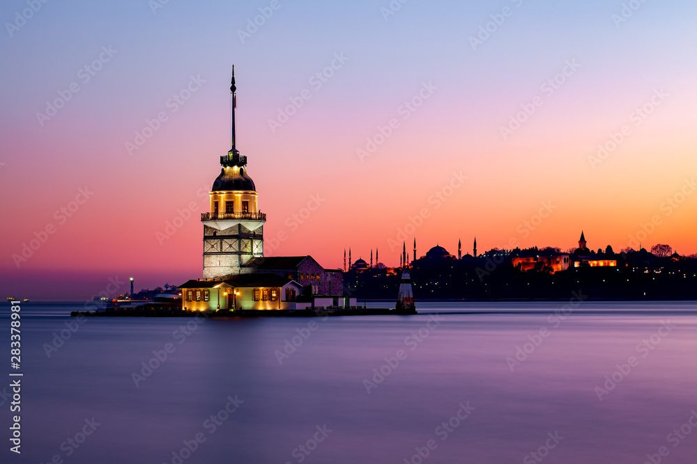 Lovely Istanbul Maiden's Tower Long Exposure Photo with Hagia Sophia and Topkapi Palace on the Background at Sunset