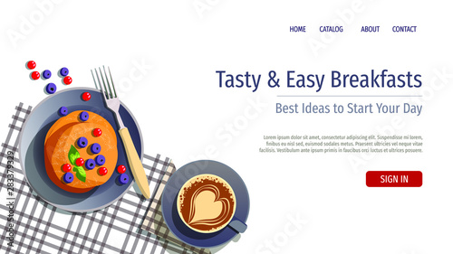 Web page or banner design template for breakfast, healthy cooking, recipes. A pancake with berries and cup of coffee on a napkin. Vector illustration for poster, banner, website development.