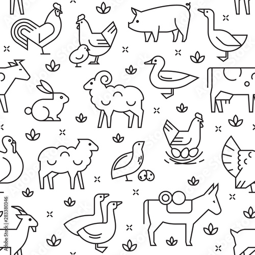 Seamless vector pattern of farm animals, buildings, equipment and other elements in two colors.