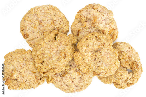 Group of seven whole oat crumble biscuit flatlay isolated on white background