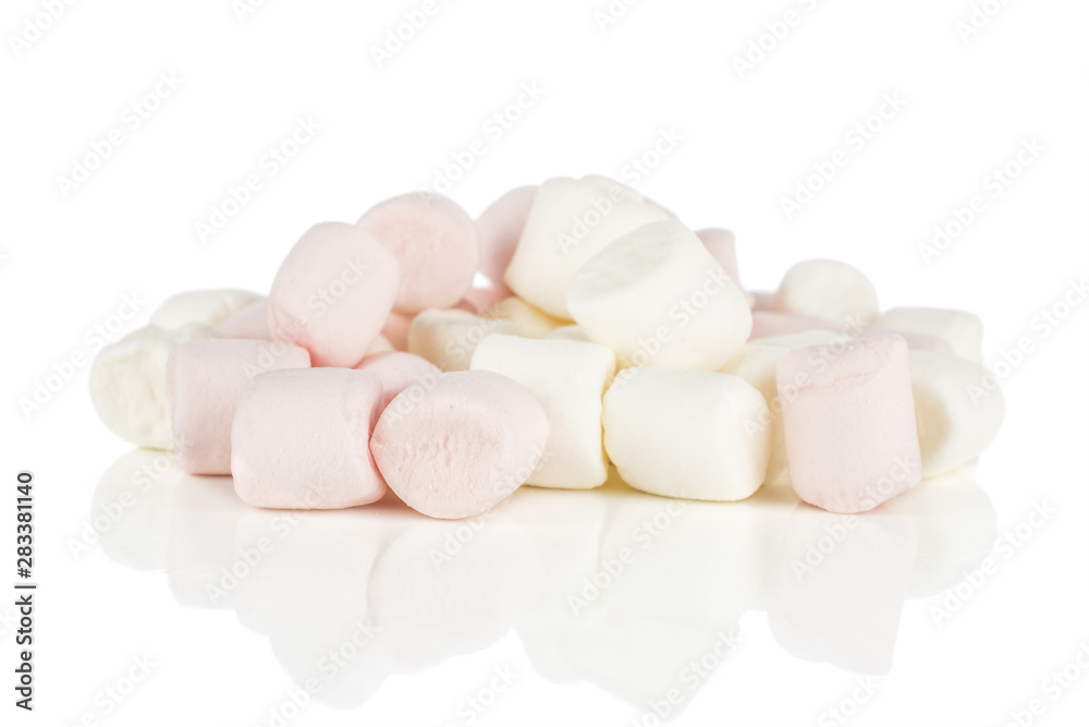 Lot of whole sweet fluffy marshmallow stack isolated on white background Lot of whole sweet fluffy marshmallow stack isolated on white background