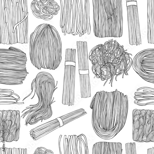 Hand drawn asian noodles. Vector seamless pattern