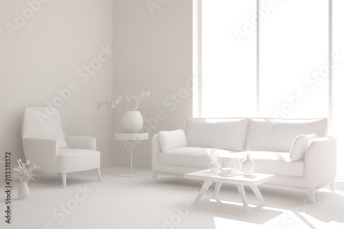 Mock up of stylish room in white color with sofa. Scandinavian interior design. 3D illustration