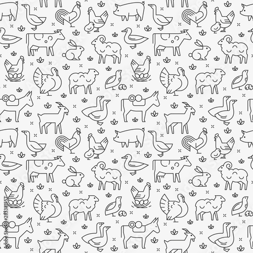 Seamless vector pattern of farm animals, buildings, equipment and other elements in two colors.