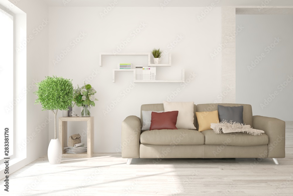 Fototapeta premium Stylish room in white color with sofa. Scandinavian interior design. 3D illustration